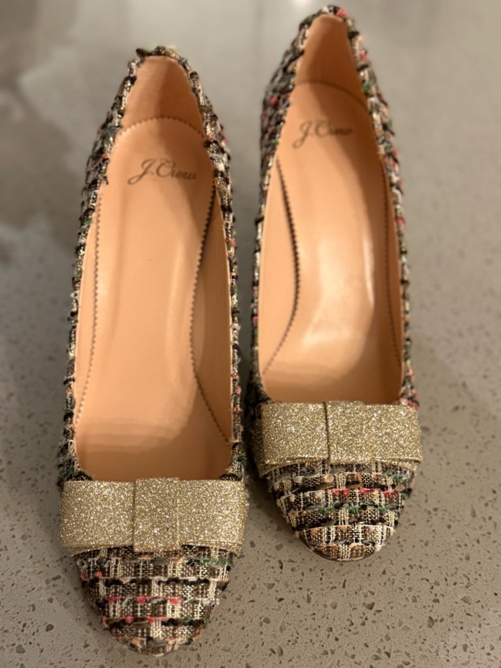 J. Crew Multicolor Tweed Pointed-Toe with Gold Glitter Bow